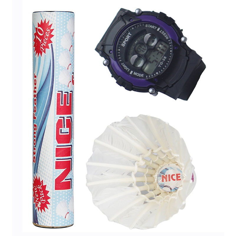   NC-10 Nice Strong Feather Badminton Shuttlecocks (Pack of Ten) with a free Digital Watch.
